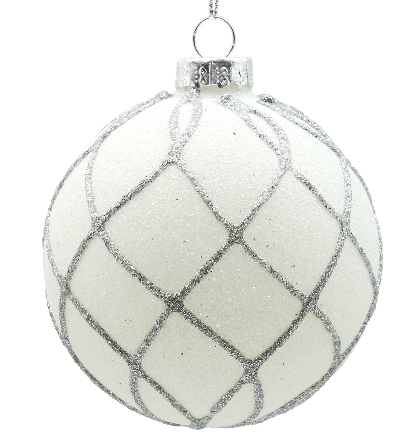 8cm White Flow Ornament with Silver Glitter