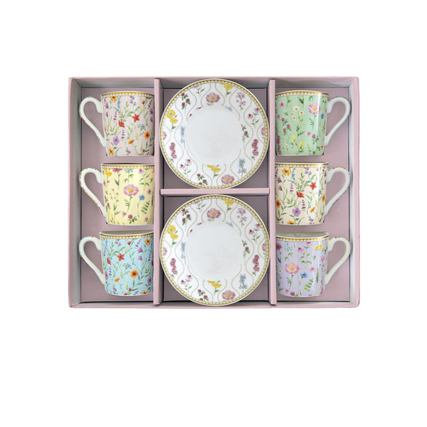 Meadow Flowers 100ml (3.4oz) Set of 6 Espresso Cups & Saucers