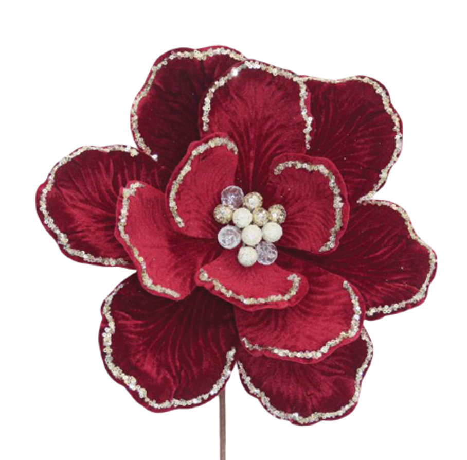 Magnolia 33x50cm Burgundy Velvet with Glitter Edge Stem