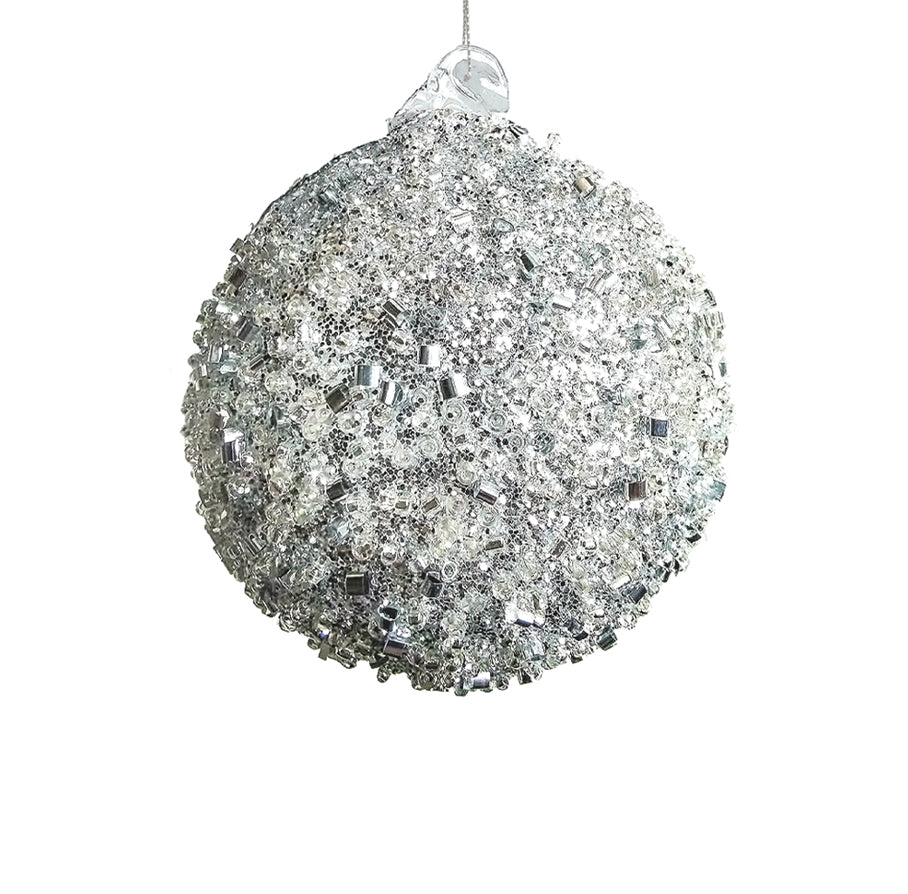 10cm Silver Beaded Ball Ornament