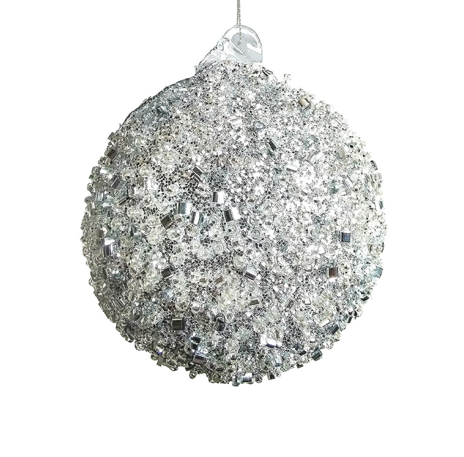 12cm Silver Beaded Ball Ornament